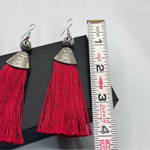 Red Tassel Dangle Earrings Boho Bollywood Lucky 4" - Picture 4 of 5